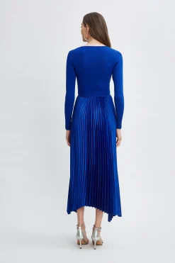 Elie Tahari Dresses & Jumpsuits-Long Sleeve Knit Pleated Dress EVENINGBLUE