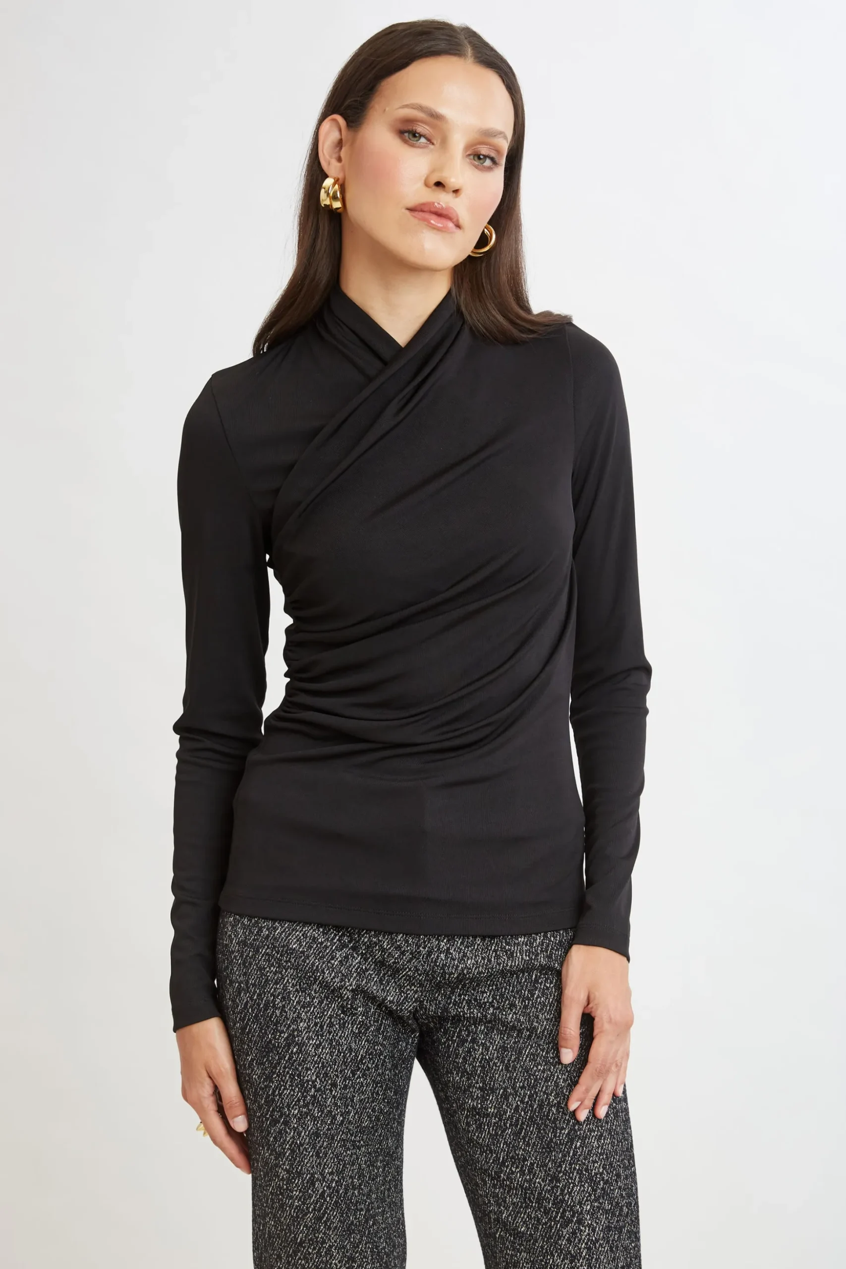Elie Tahari Tops & Sweaters-Long Sleeve Ruched Draped Knit BLACK