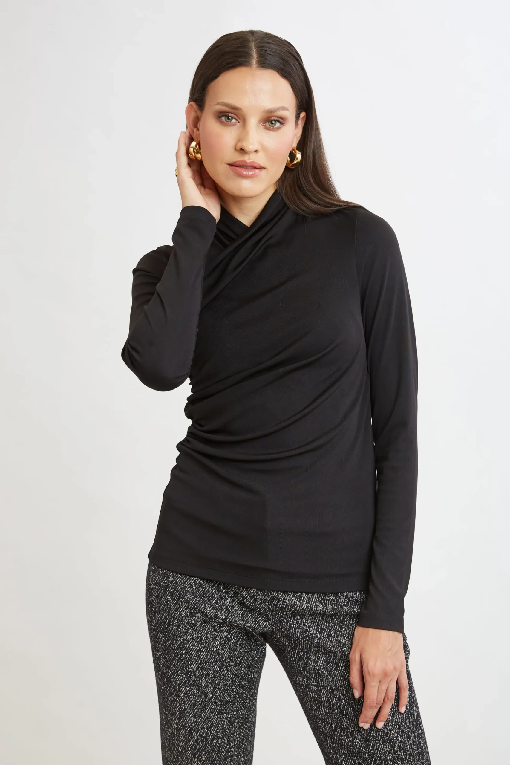 Elie Tahari Tops & Sweaters-Long Sleeve Ruched Draped Knit BLACK
