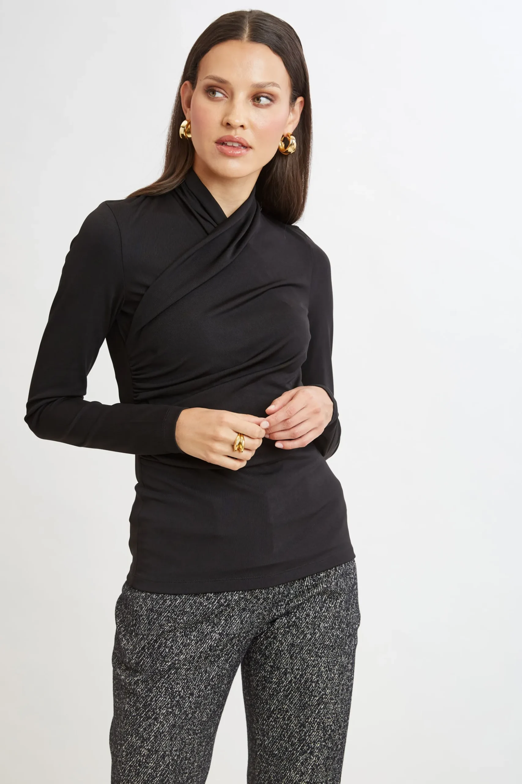 Elie Tahari Tops & Sweaters-Long Sleeve Ruched Draped Knit BLACK