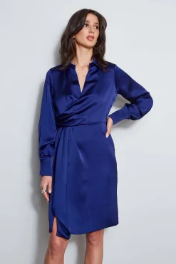 Elie Tahari Dresses & Jumpsuits|Short Sleeve Dresses-Long Sleeve Satin Wrap Dress DARKSAPPHIRE