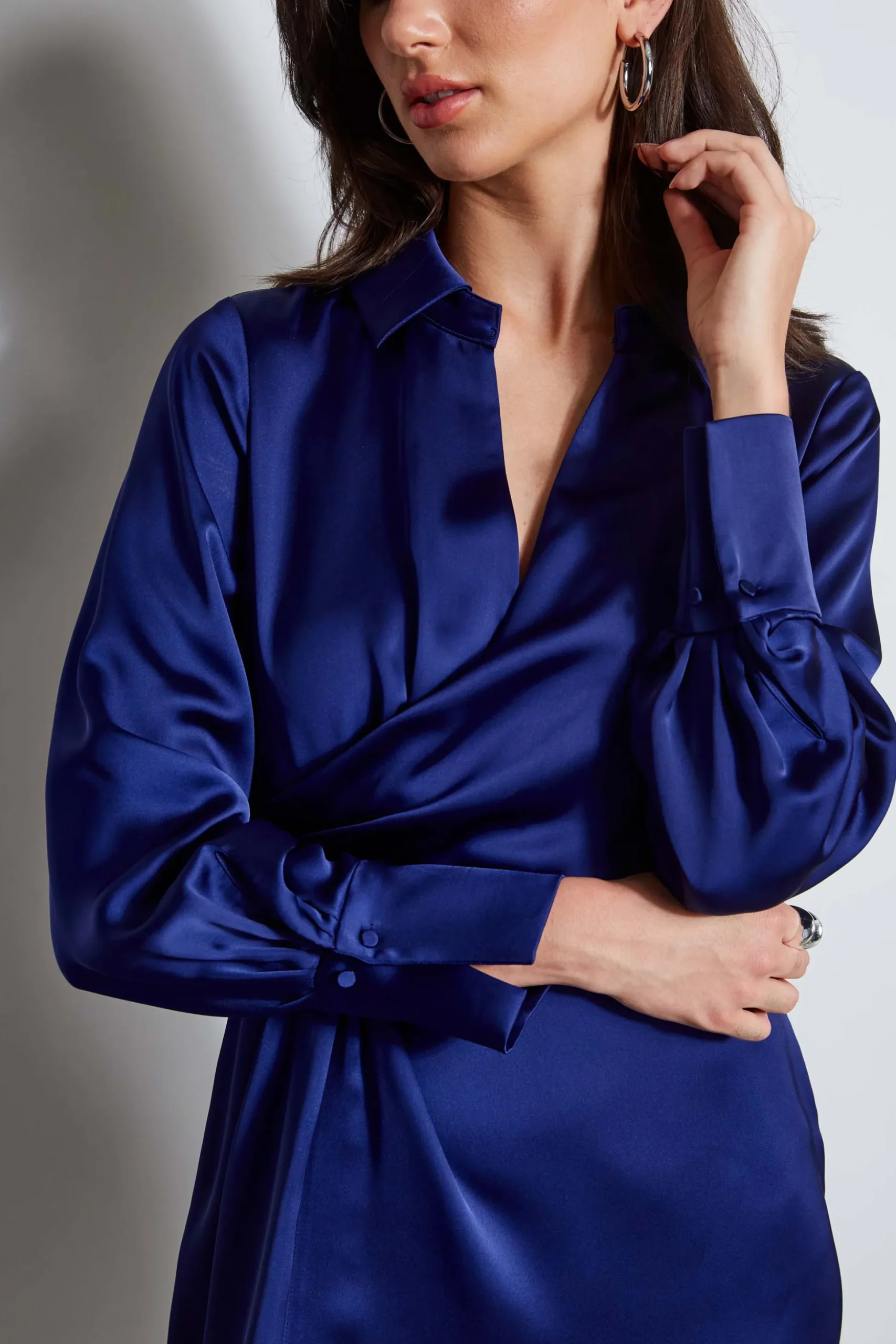 Elie Tahari Dresses & Jumpsuits|Short Sleeve Dresses-Long Sleeve Satin Wrap Dress DARKSAPPHIRE