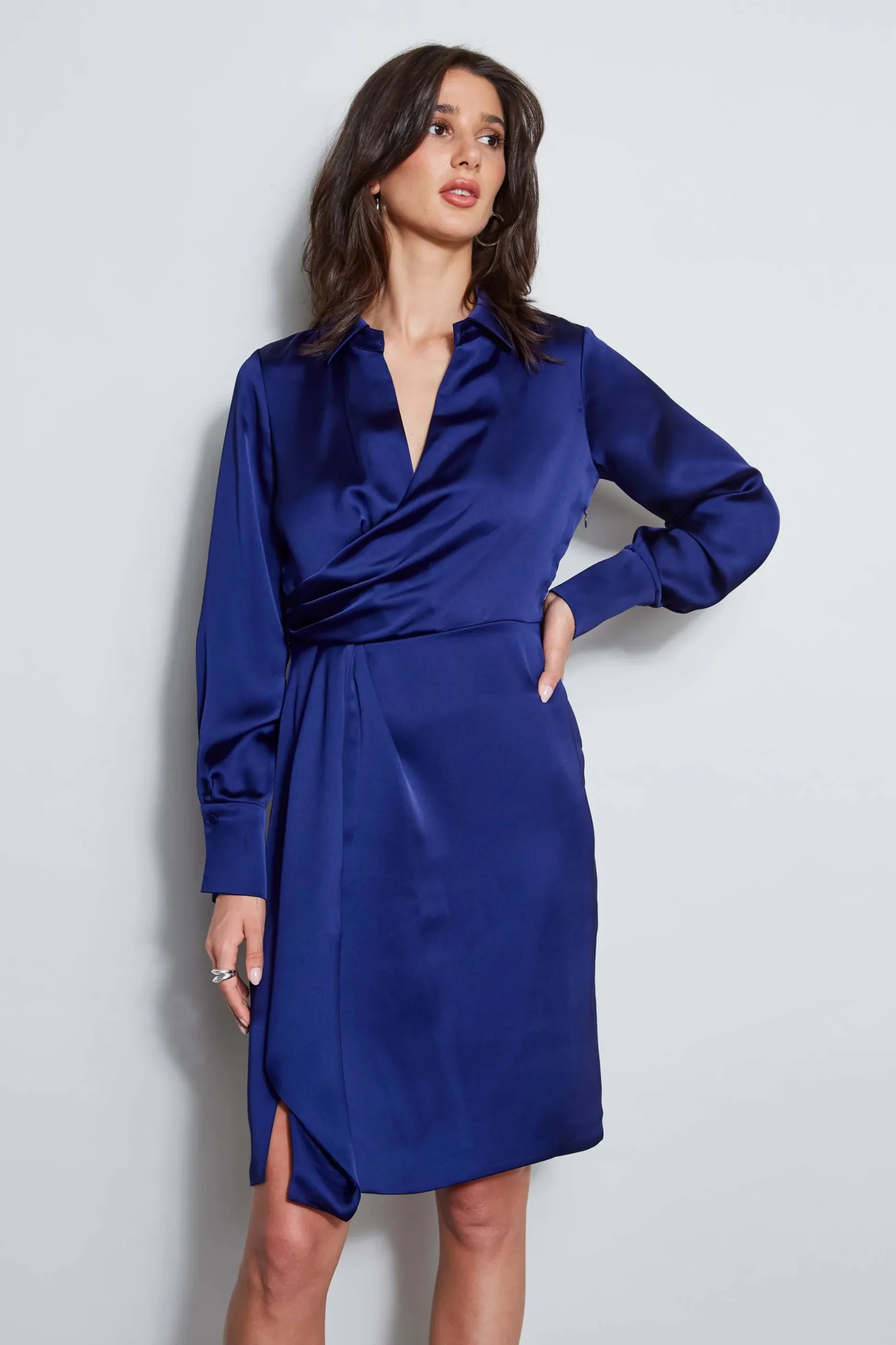 Elie Tahari Dresses & Jumpsuits|Short Sleeve Dresses-Long Sleeve Satin Wrap Dress DARKSAPPHIRE