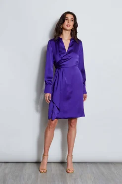 Elie Tahari Dresses & Jumpsuits|Long Sleeve Dresses-Long Sleeve Satin Wrap Dress GRAPE