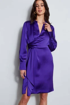 Elie Tahari Dresses & Jumpsuits|Long Sleeve Dresses-Long Sleeve Satin Wrap Dress GRAPE