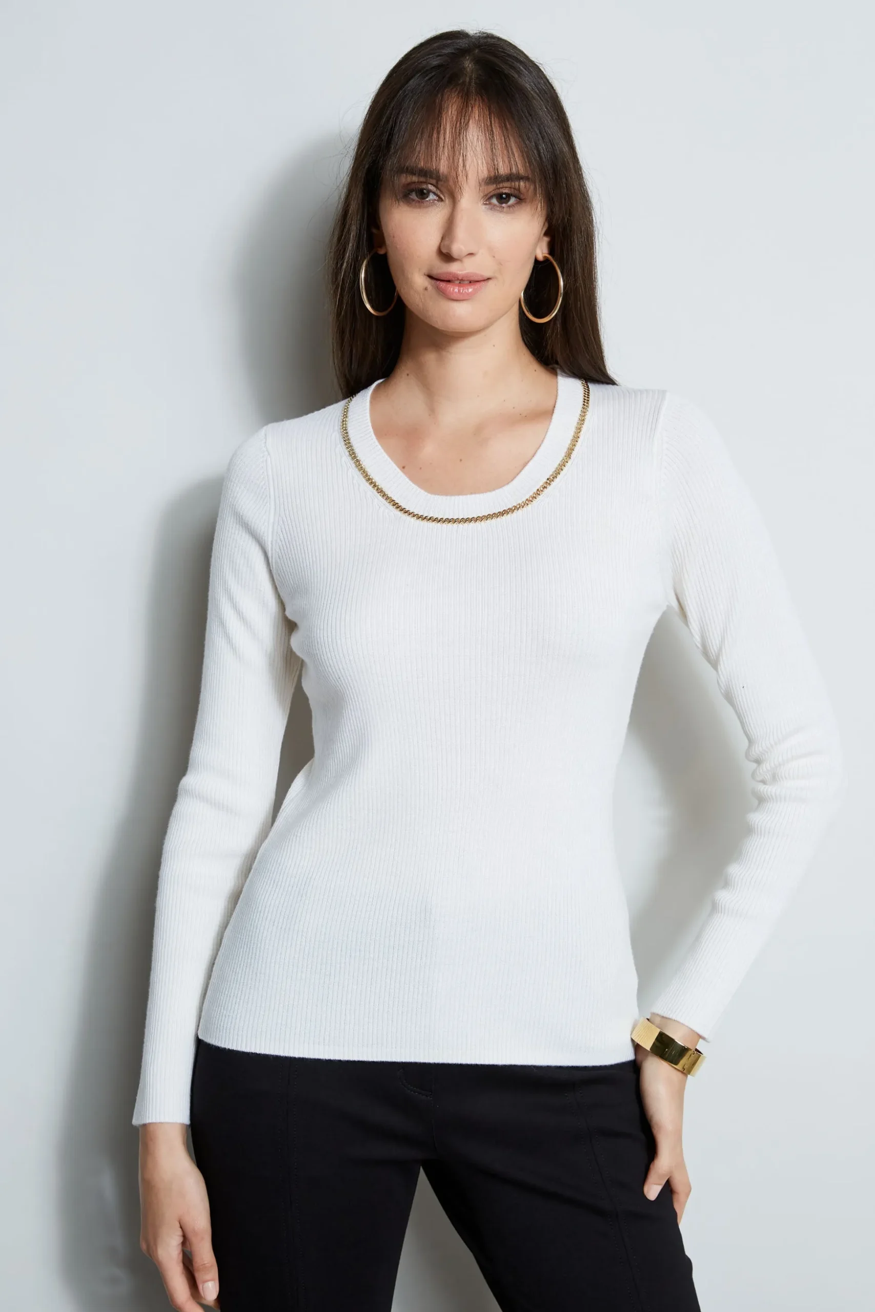 Elie Tahari Tops & Sweaters-Merino Rib Chain Detail Sweater SNOW