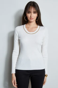 Elie Tahari Tops & Sweaters-Merino Rib Chain Detail Sweater SNOW