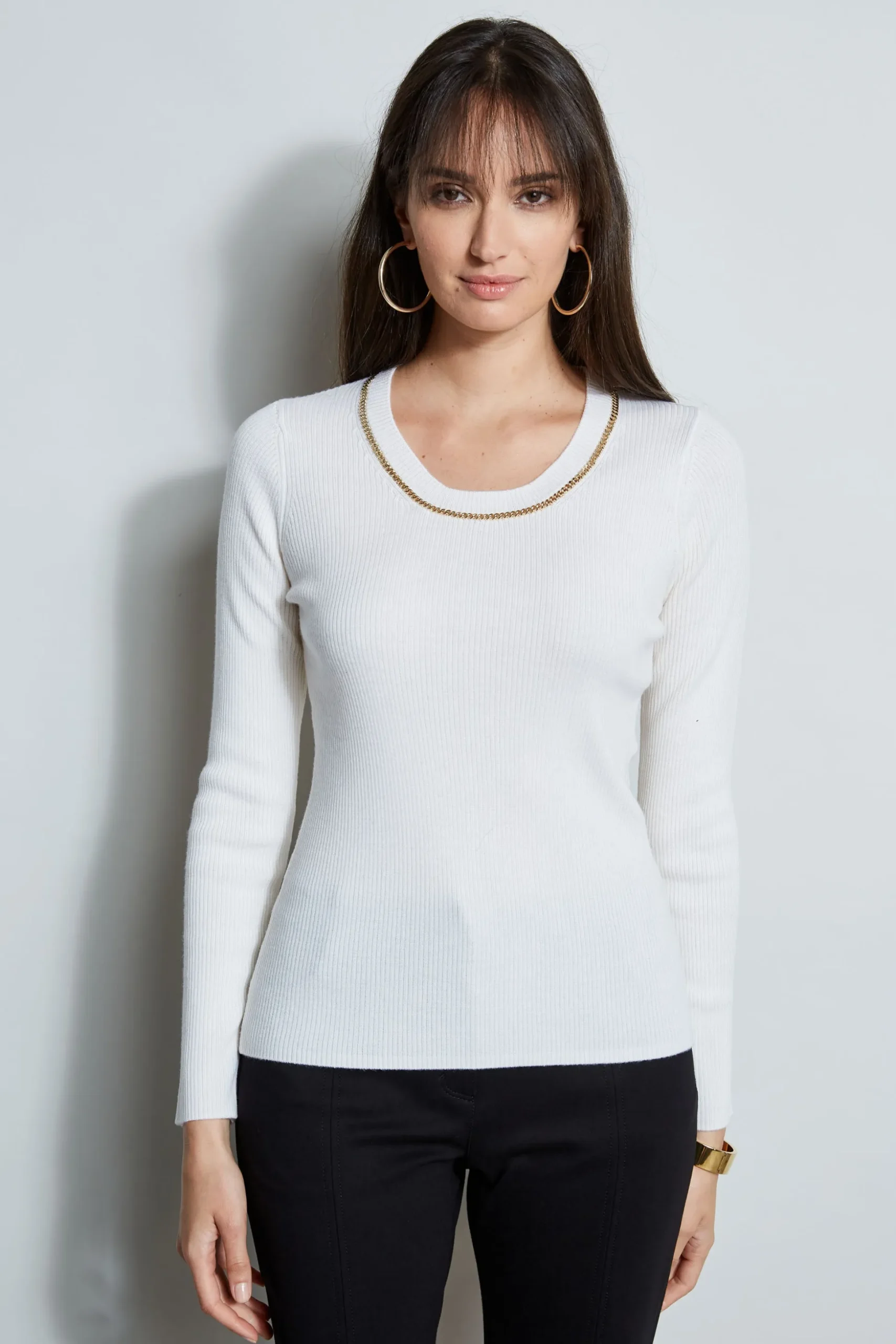 Elie Tahari Tops & Sweaters-Merino Rib Chain Detail Sweater SNOW