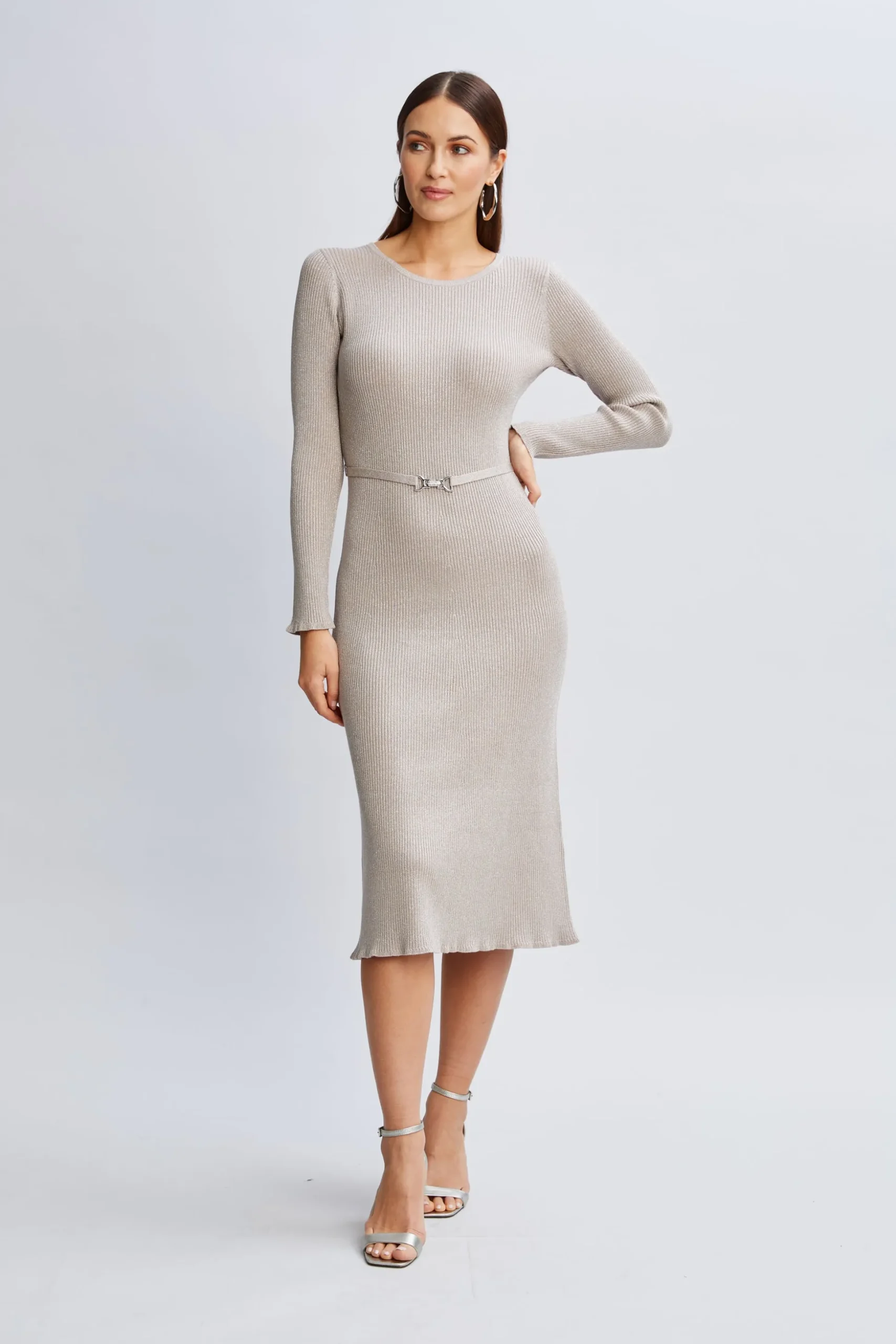 Elie Tahari Dresses & Jumpsuits-Metallic Belted Sweater Dress SHIMMERGOLD