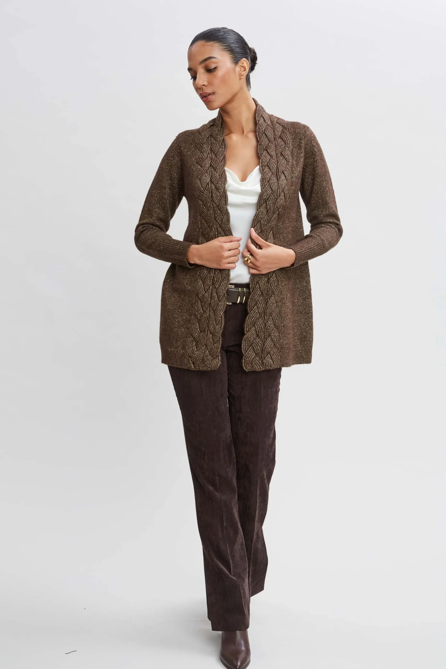 Elie Tahari Tops & Sweaters-Metallic Cable Cardigan WOOD-GOLD