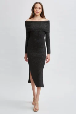 Elie Tahari Dresses & Jumpsuits-Metallic Cashmere Off Shoulder Dress NOIRLUREX