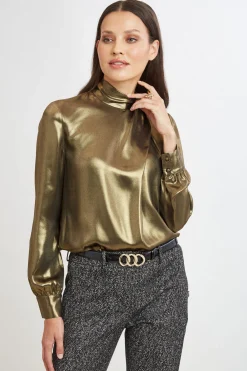 Elie Tahari Tops & Sweaters-Metallic Draped Neck Shirt ANTIQUEGOLD