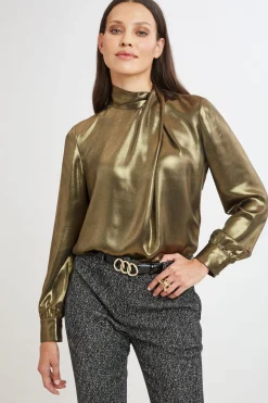 Elie Tahari Tops & Sweaters-Metallic Draped Neck Shirt ANTIQUEGOLD