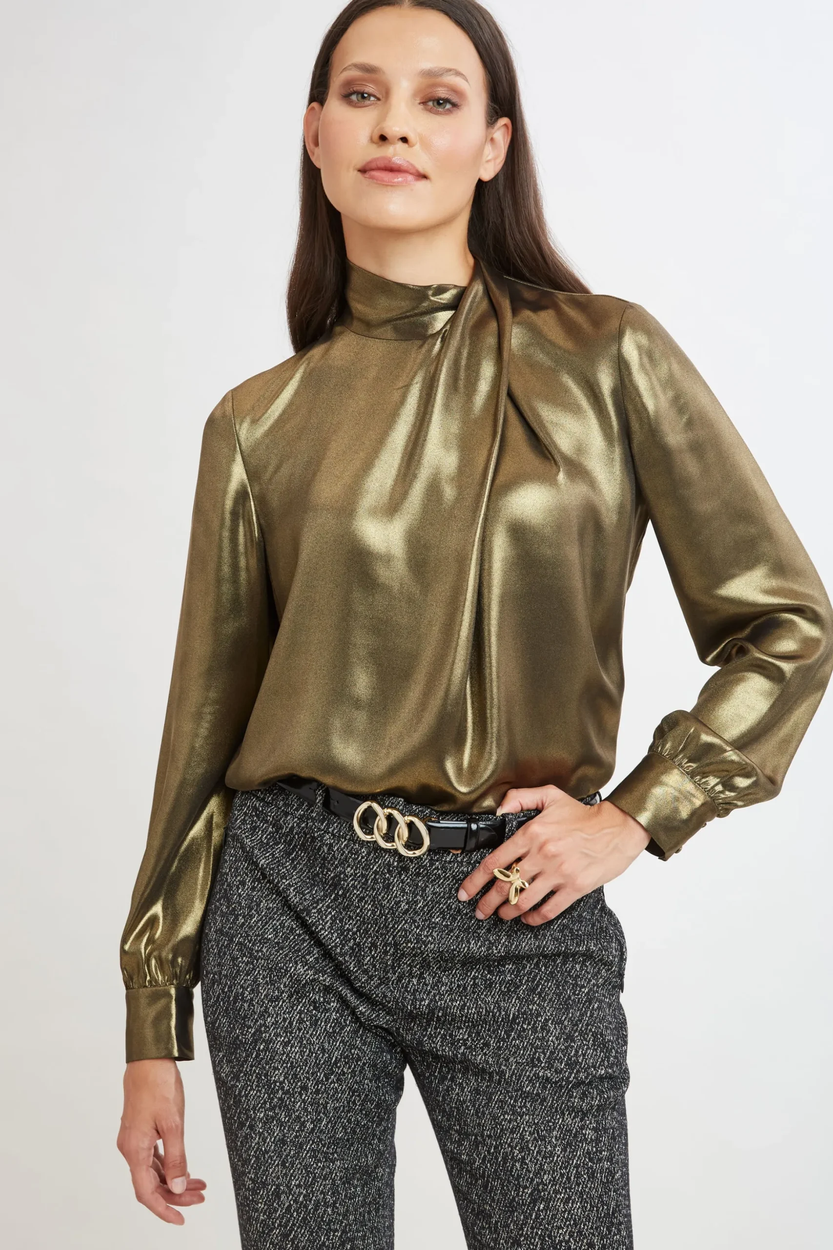 Elie Tahari Tops & Sweaters-Metallic Draped Neck Shirt ANTIQUEGOLD