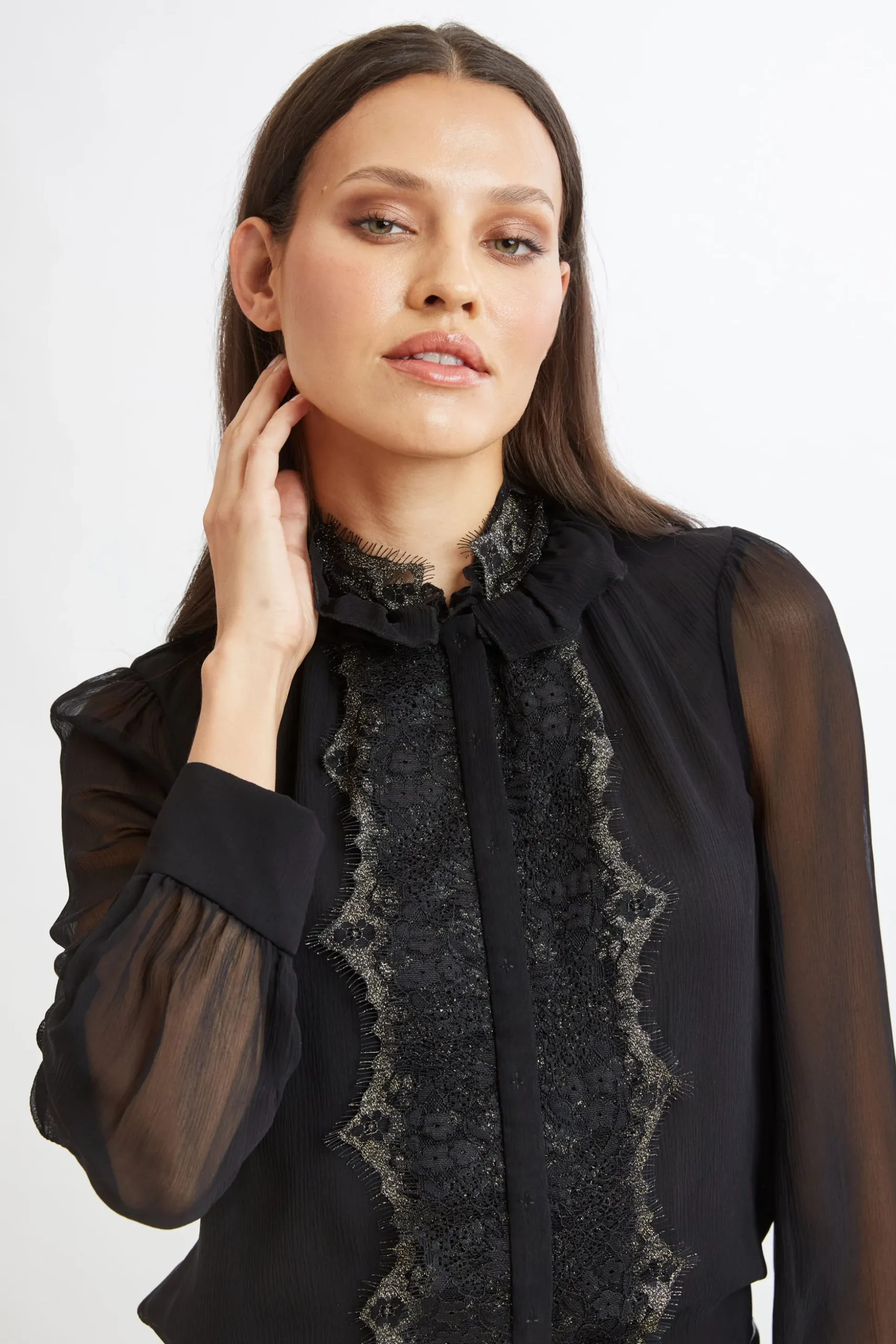Elie Tahari Tops & Sweaters|Suiting-Metallic Lace Trim Silk Shirt BLACK