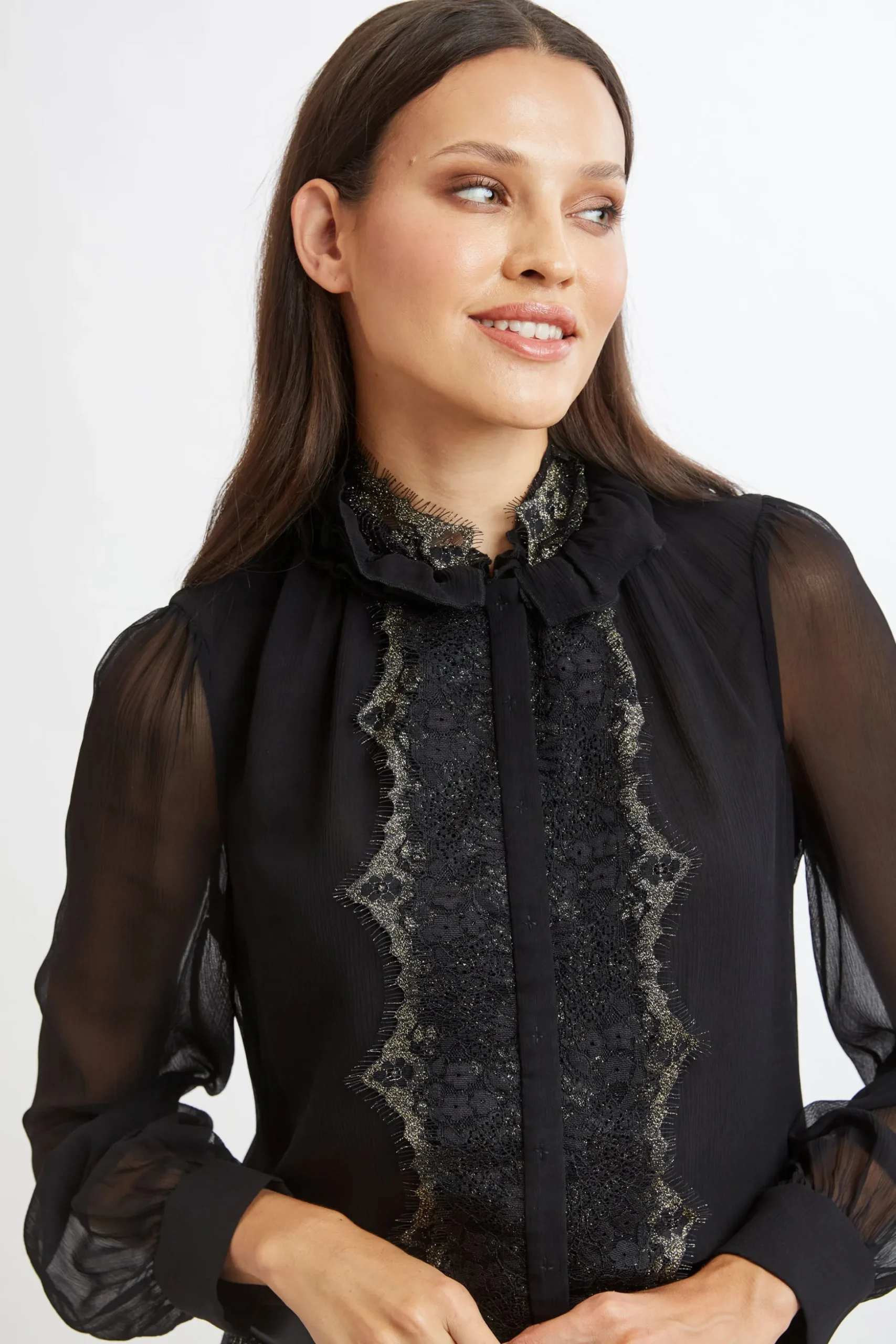 Elie Tahari Tops & Sweaters|Suiting-Metallic Lace Trim Silk Shirt BLACK