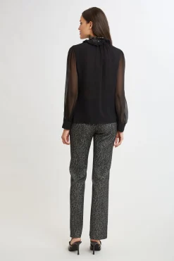 Elie Tahari Tops & Sweaters|Suiting-Metallic Lace Trim Silk Shirt BLACK