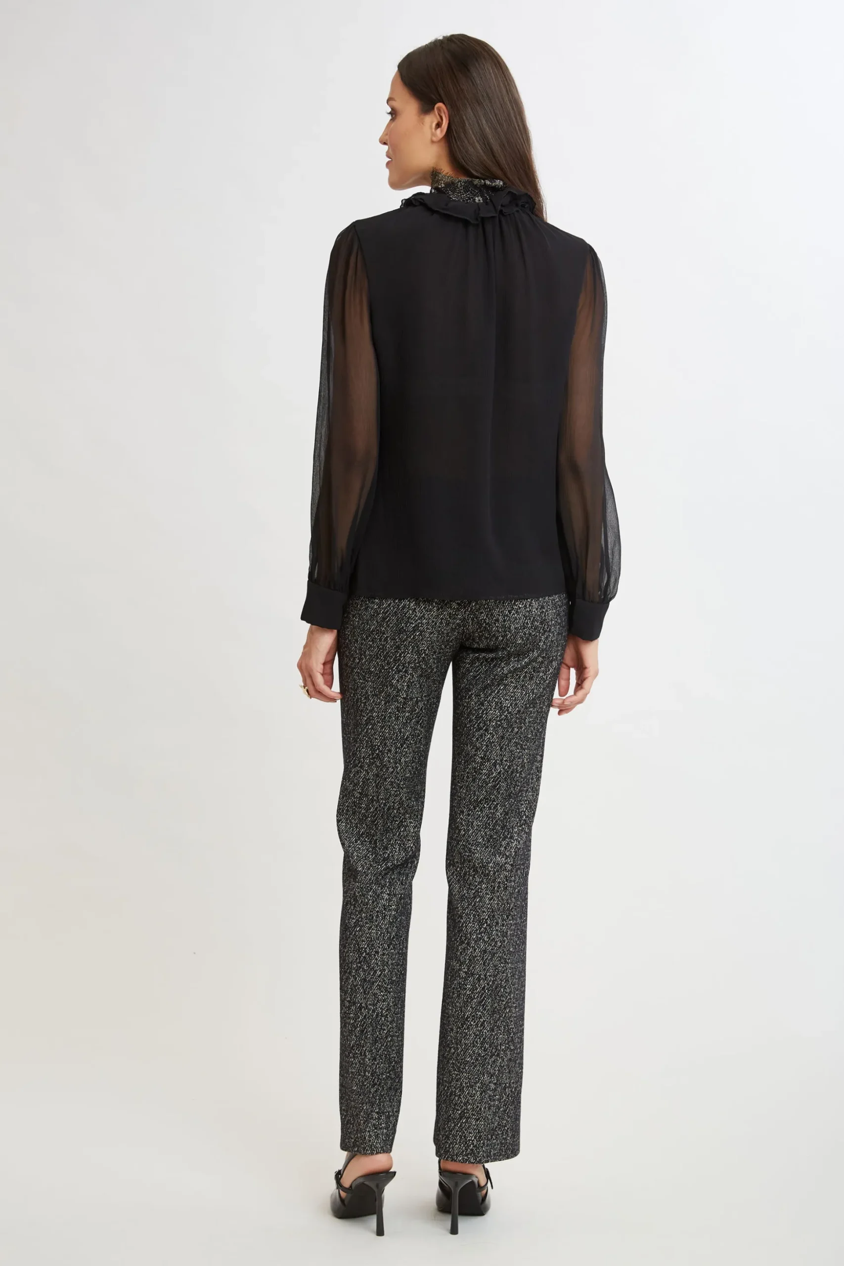 Elie Tahari Tops & Sweaters|Suiting-Metallic Lace Trim Silk Shirt BLACK