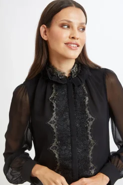 Elie Tahari Tops & Sweaters|Suiting-Metallic Lace Trim Silk Shirt BLACK