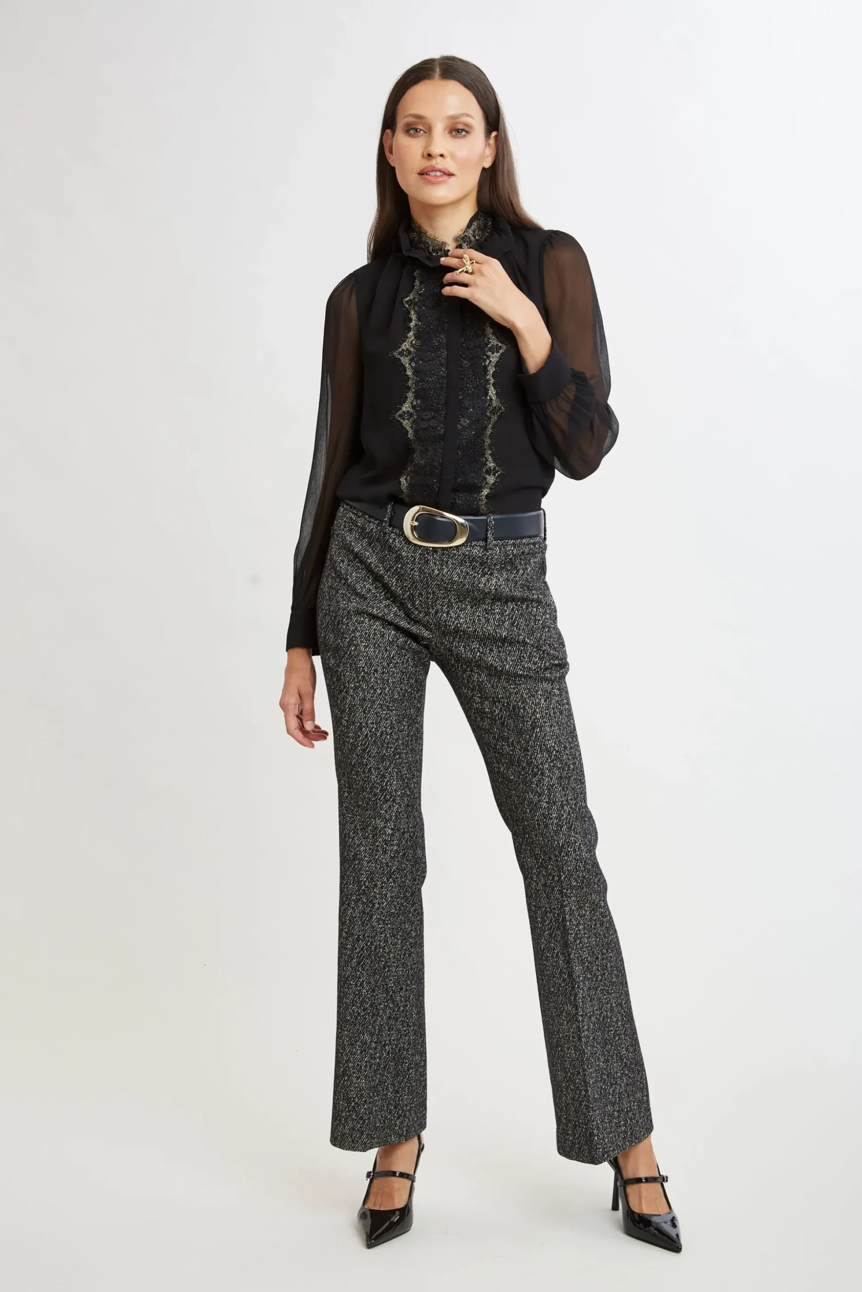 Elie Tahari Tops & Sweaters|Suiting-Metallic Lace Trim Silk Shirt BLACK