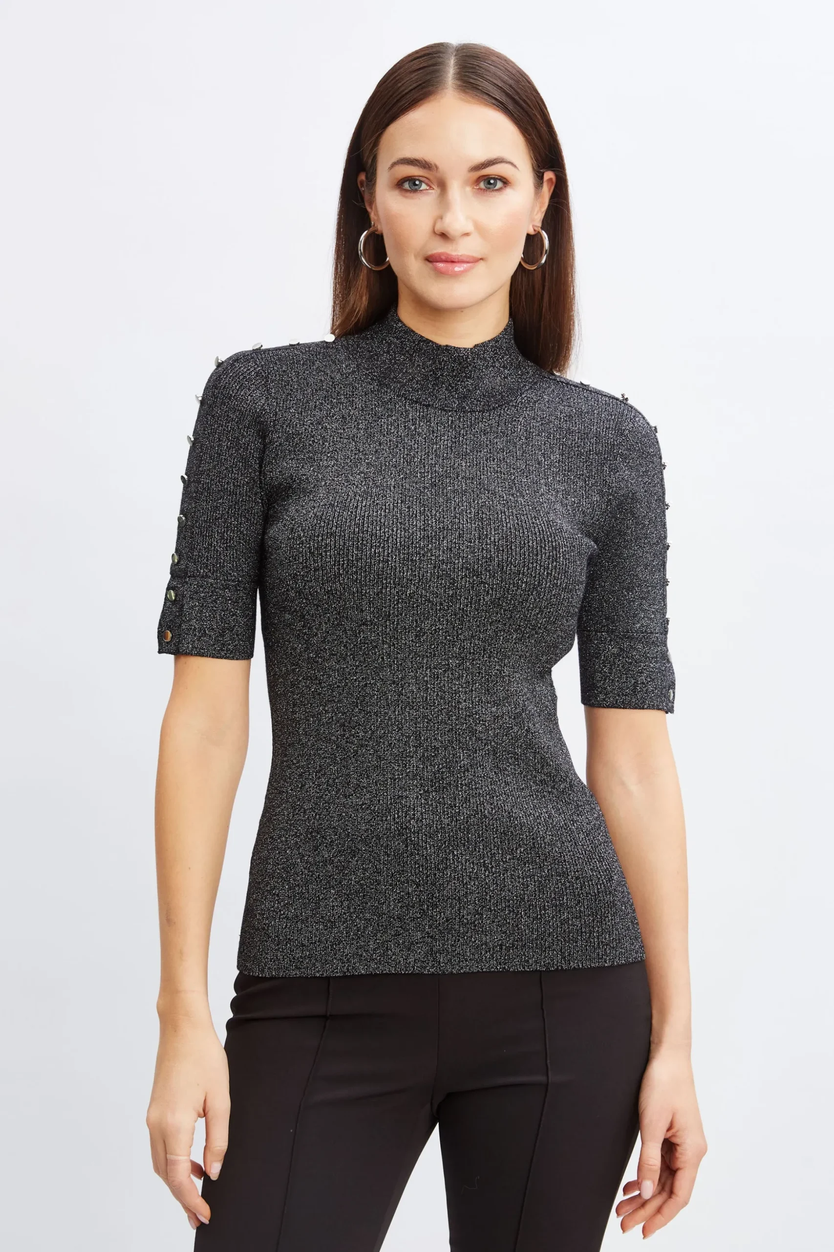 Elie Tahari Tops & Sweaters-Metallic Mock Neck Short Sleeve Sweater NOIRWITHSILVERLUREX