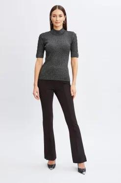Elie Tahari Tops & Sweaters-Metallic Mock Neck Short Sleeve Sweater NOIRWITHSILVERLUREX
