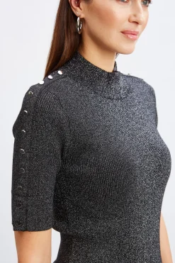 Elie Tahari Tops & Sweaters-Metallic Mock Neck Short Sleeve Sweater NOIRWITHSILVERLUREX