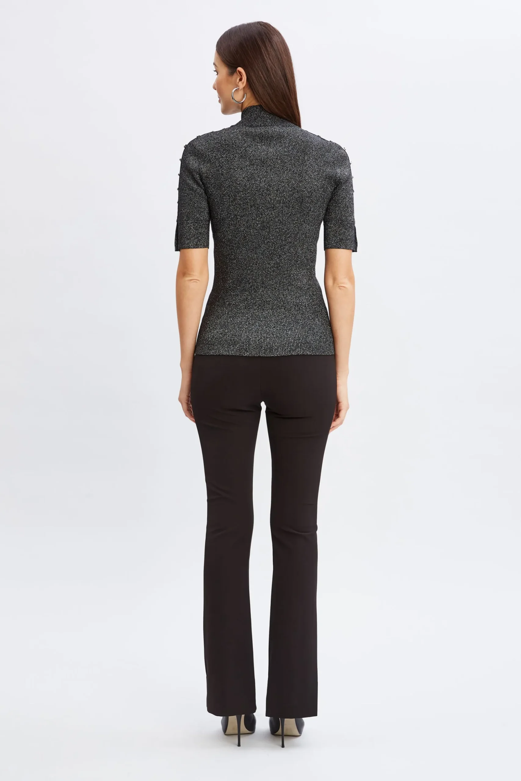 Elie Tahari Tops & Sweaters-Metallic Mock Neck Short Sleeve Sweater NOIRWITHSILVERLUREX