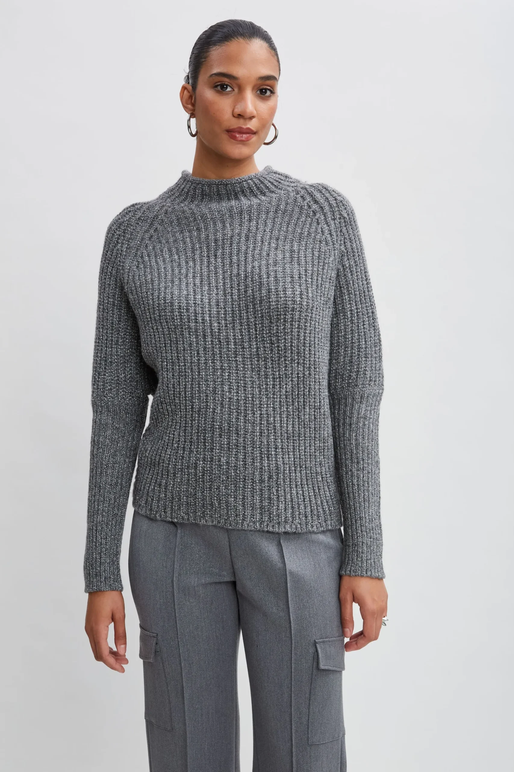 Elie Tahari Tops & Sweaters-Metallic Mock Neck Sweater GREY-SILVER