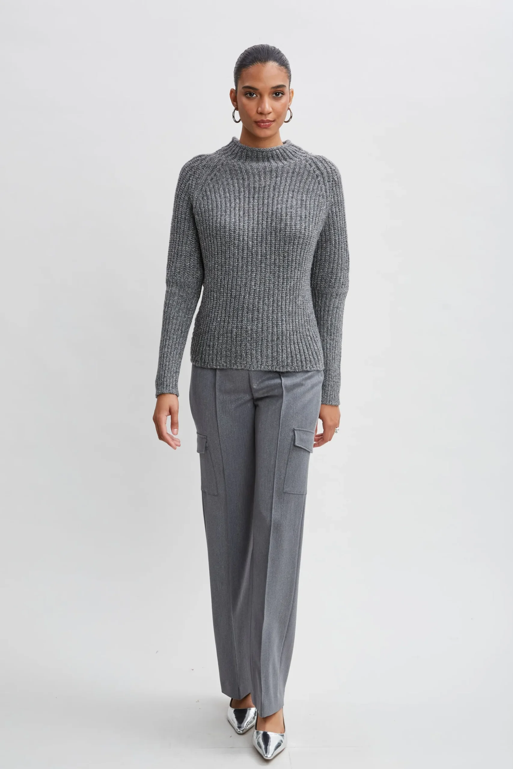 Elie Tahari Tops & Sweaters-Metallic Mock Neck Sweater GREY-SILVER