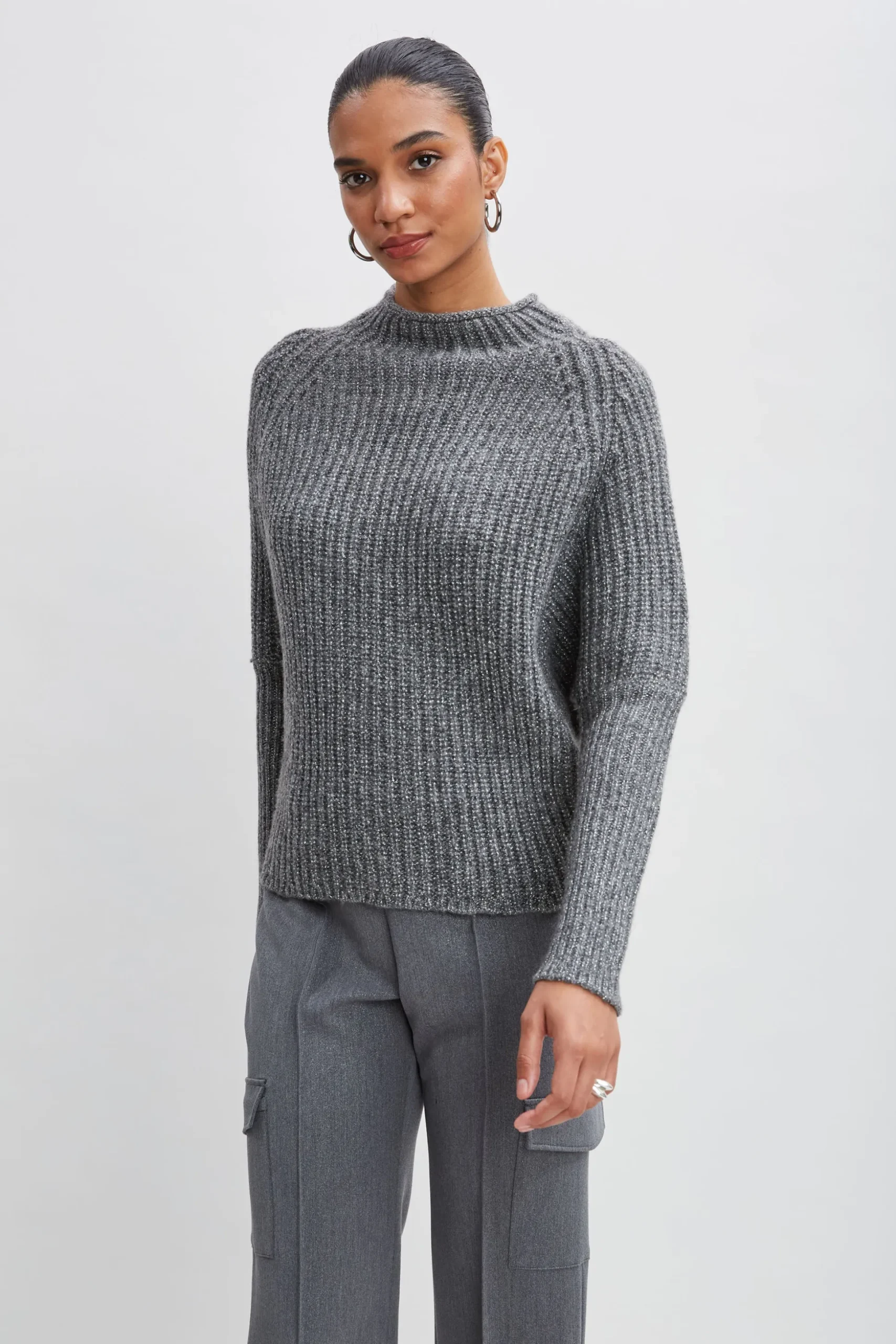 Elie Tahari Tops & Sweaters-Metallic Mock Neck Sweater GREY-SILVER