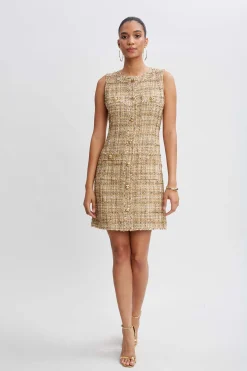 Elie Tahari Short Dresses|Dresses & Jumpsuits-Metallic Tweed Button Dress GOLDMULTI