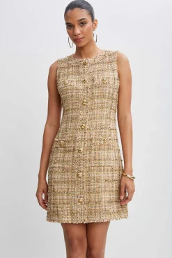 Elie Tahari Short Dresses|Dresses & Jumpsuits-Metallic Tweed Button Dress GOLDMULTI