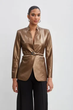 Elie Tahari Jackets & Blazers-Metallic Vegan Leather Belted Blazer BRONZE