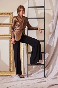 Elie Tahari Jackets & Blazers-Metallic Vegan Leather Belted Blazer BRONZE