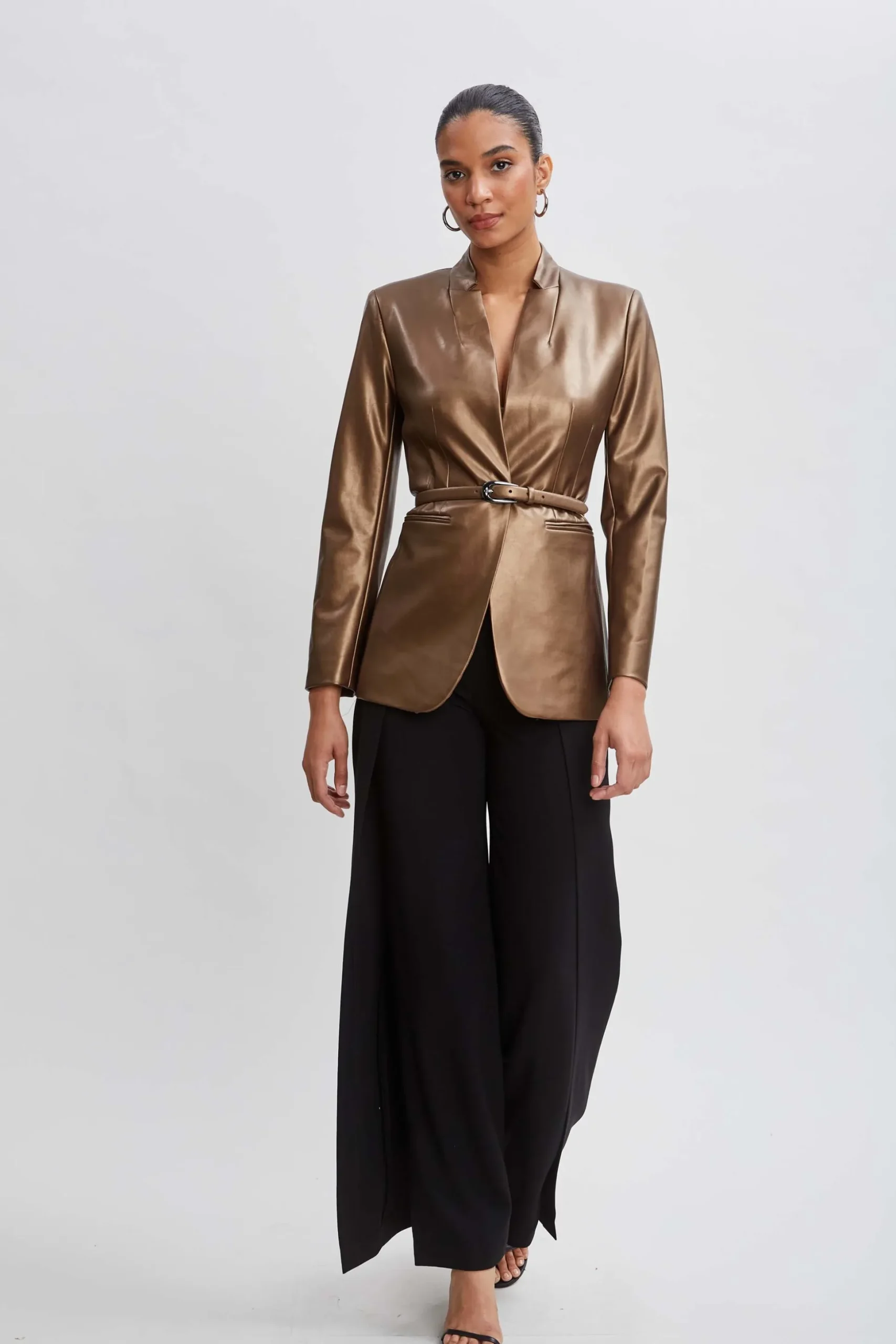 Elie Tahari Jackets & Blazers-Metallic Vegan Leather Belted Blazer BRONZE