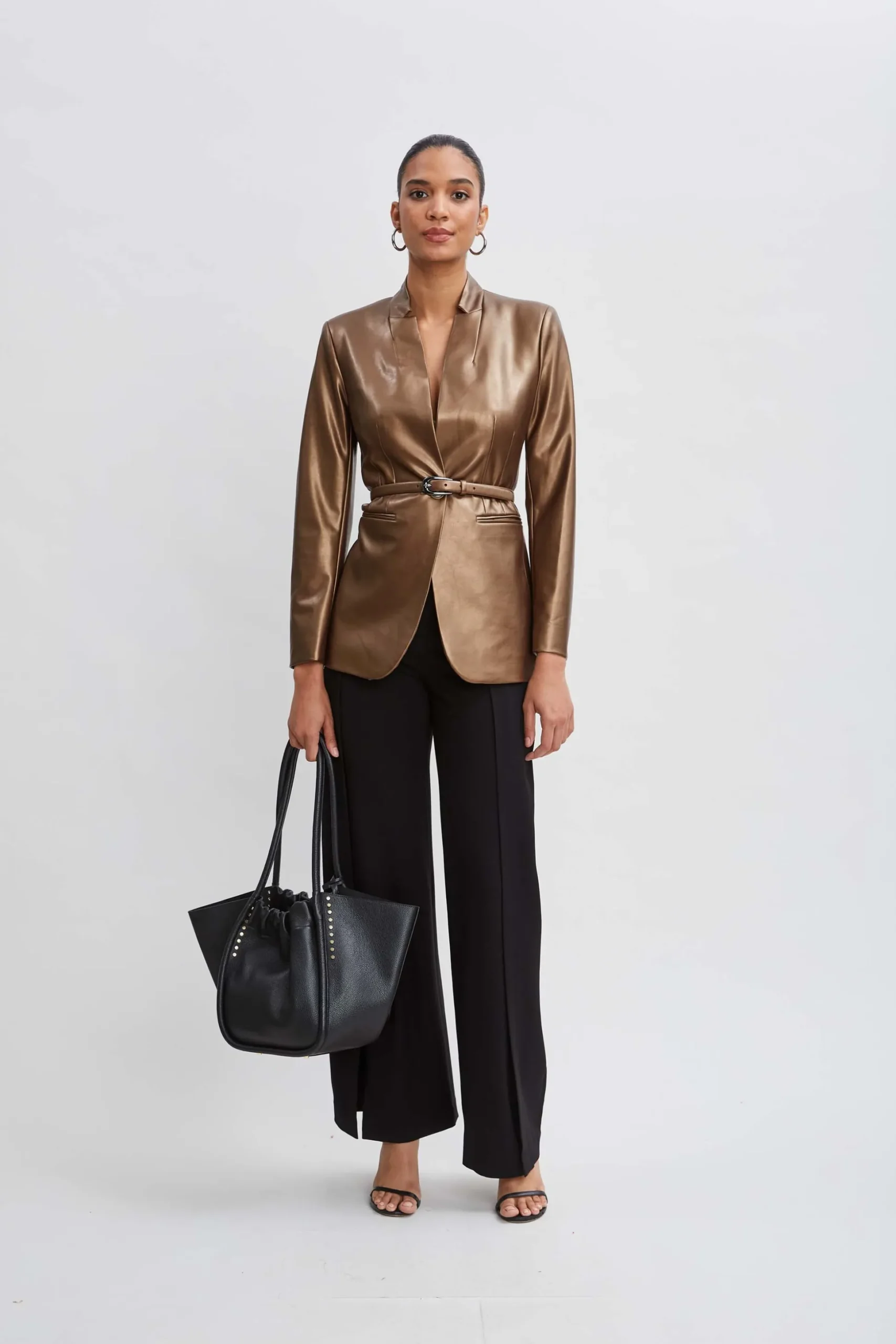Elie Tahari Jackets & Blazers-Metallic Vegan Leather Belted Blazer BRONZE