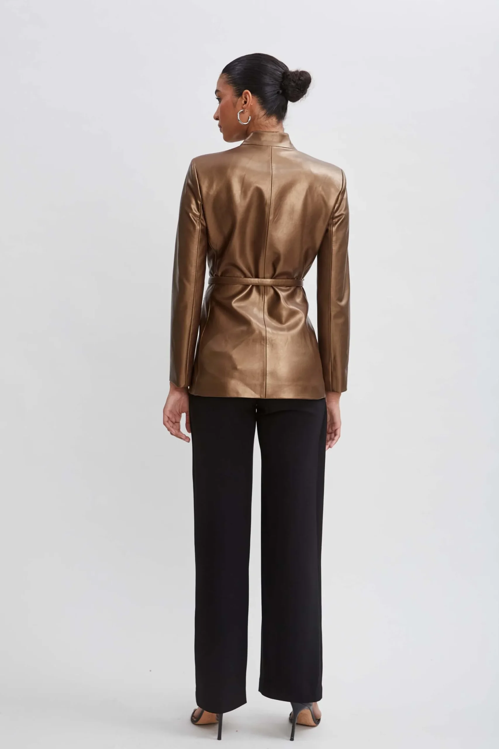 Elie Tahari Jackets & Blazers-Metallic Vegan Leather Belted Blazer BRONZE