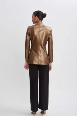 Elie Tahari Jackets & Blazers-Metallic Vegan Leather Belted Blazer BRONZE
