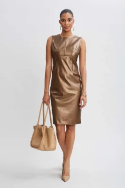 Elie Tahari Dresses & Jumpsuits|Sleeveless Dresses-Metallic Vegan Leather Side Panel Dress BRONZE