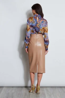 Elie Tahari Bottoms-Midi Vegan Leather Wrap Skirt FOSSIL