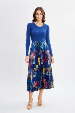 Elie Tahari Dresses & Jumpsuits-Mixed Media Floral Pleated Dress DAPHNEBLUEWDAPHNEGARDEN