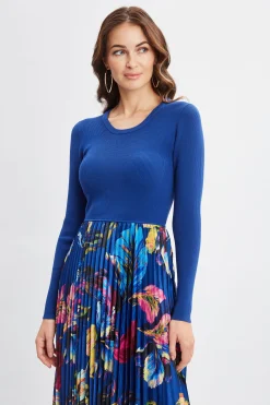 Elie Tahari Dresses & Jumpsuits-Mixed Media Floral Pleated Dress DAPHNEBLUEWDAPHNEGARDEN