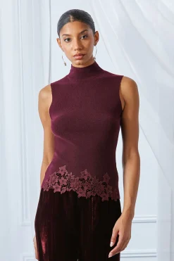 Elie Tahari Tops & Sweaters-Mock Neck Lace Hem Sleeveless Sweater MERLOT