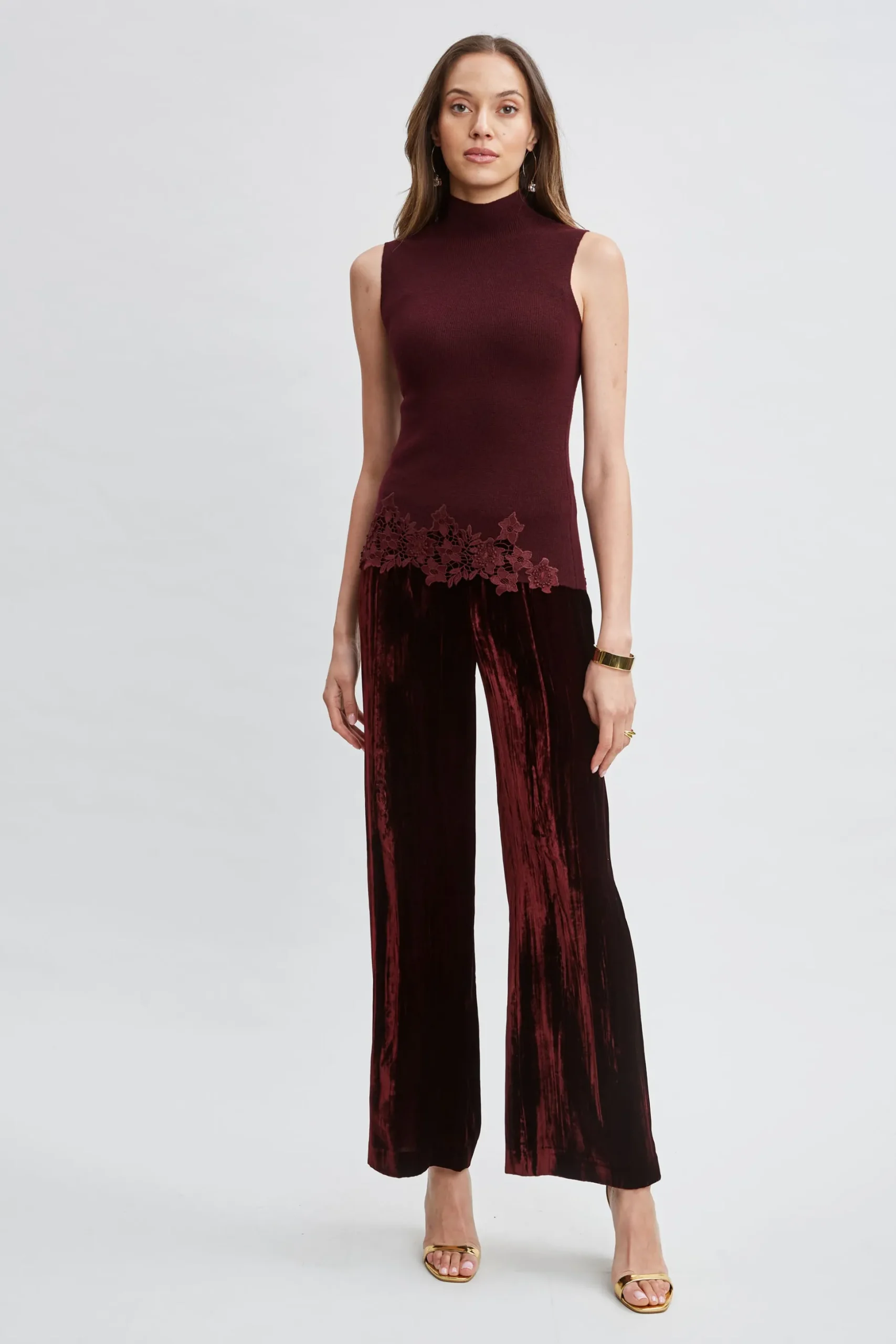 Elie Tahari Tops & Sweaters-Mock Neck Lace Hem Sleeveless Sweater MERLOT
