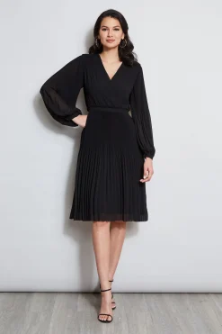 Elie Tahari Dresses & Jumpsuits|Long Sleeve Dresses-Mock Wrap Pleated Dress NOIR