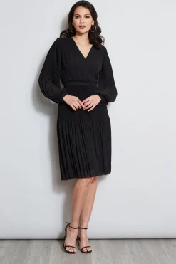 Elie Tahari Dresses & Jumpsuits|Long Sleeve Dresses-Mock Wrap Pleated Dress NOIR