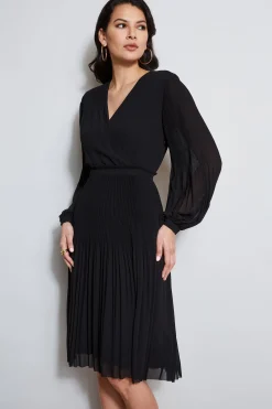 Elie Tahari Dresses & Jumpsuits|Long Sleeve Dresses-Mock Wrap Pleated Dress NOIR
