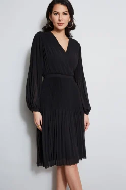 Elie Tahari Dresses & Jumpsuits|Long Sleeve Dresses-Mock Wrap Pleated Dress NOIR