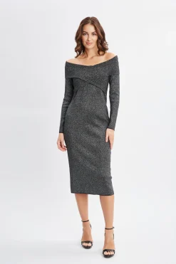Elie Tahari Dresses & Jumpsuits-Off Shoulder Metallic Sweater Dress NOIRWITHSILVERLUREX